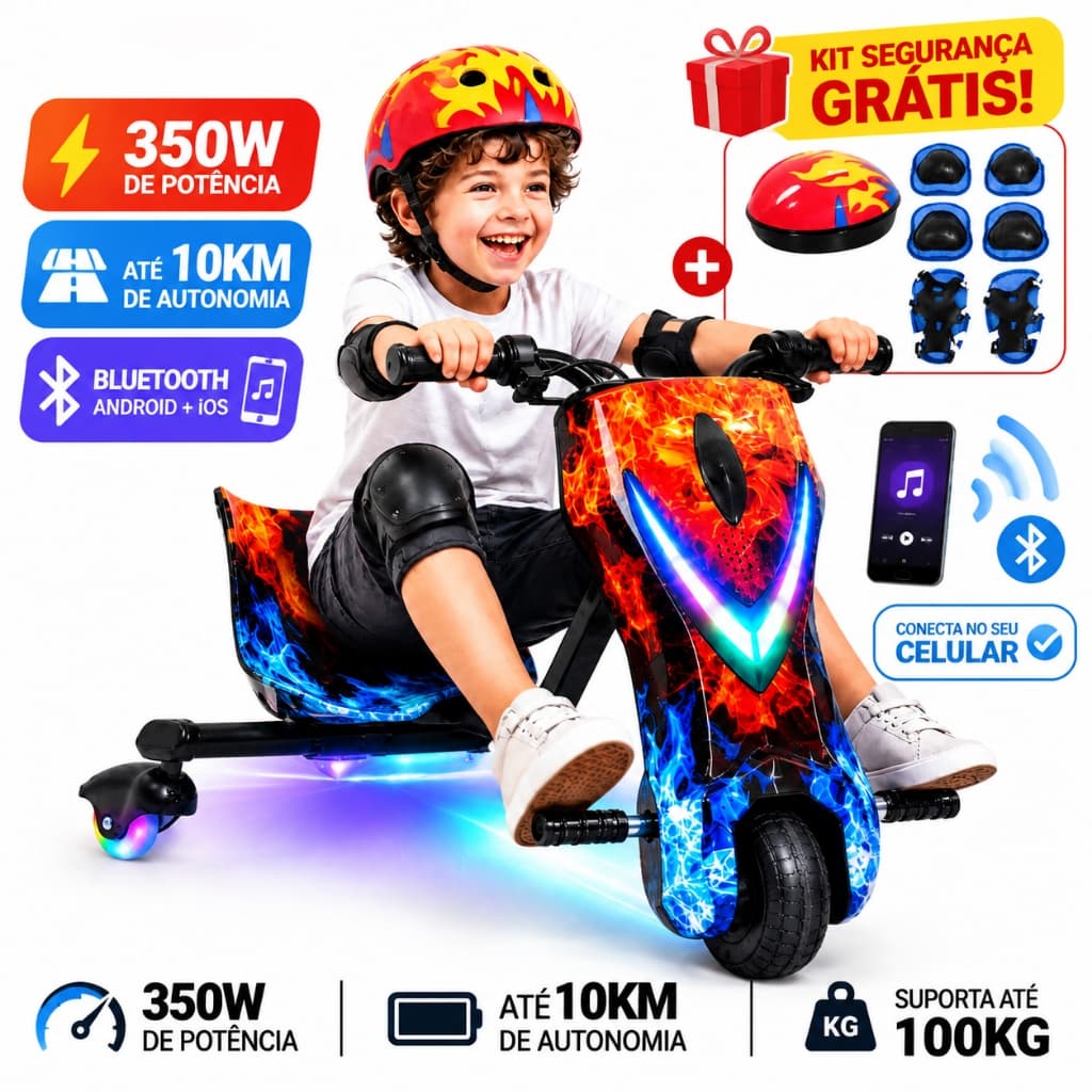 Ambito Dlux Drift Triciclo Elétrico Infantil 350W 36V Com Bluetooth Luz LED Colorida Kit Proteção Completo