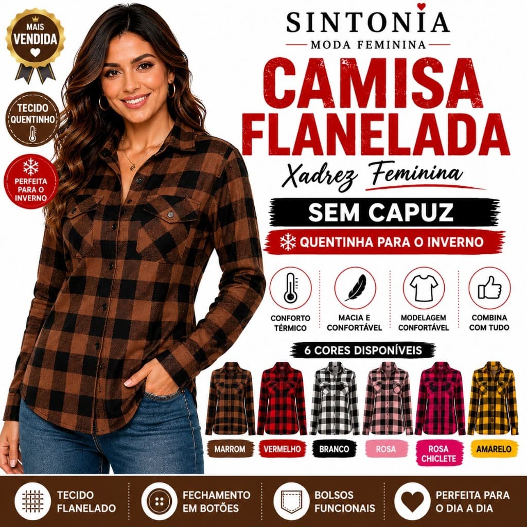 Camisa Flanelada Xadrez Feminina Sem Capuz Manga Longa Inverno Casual