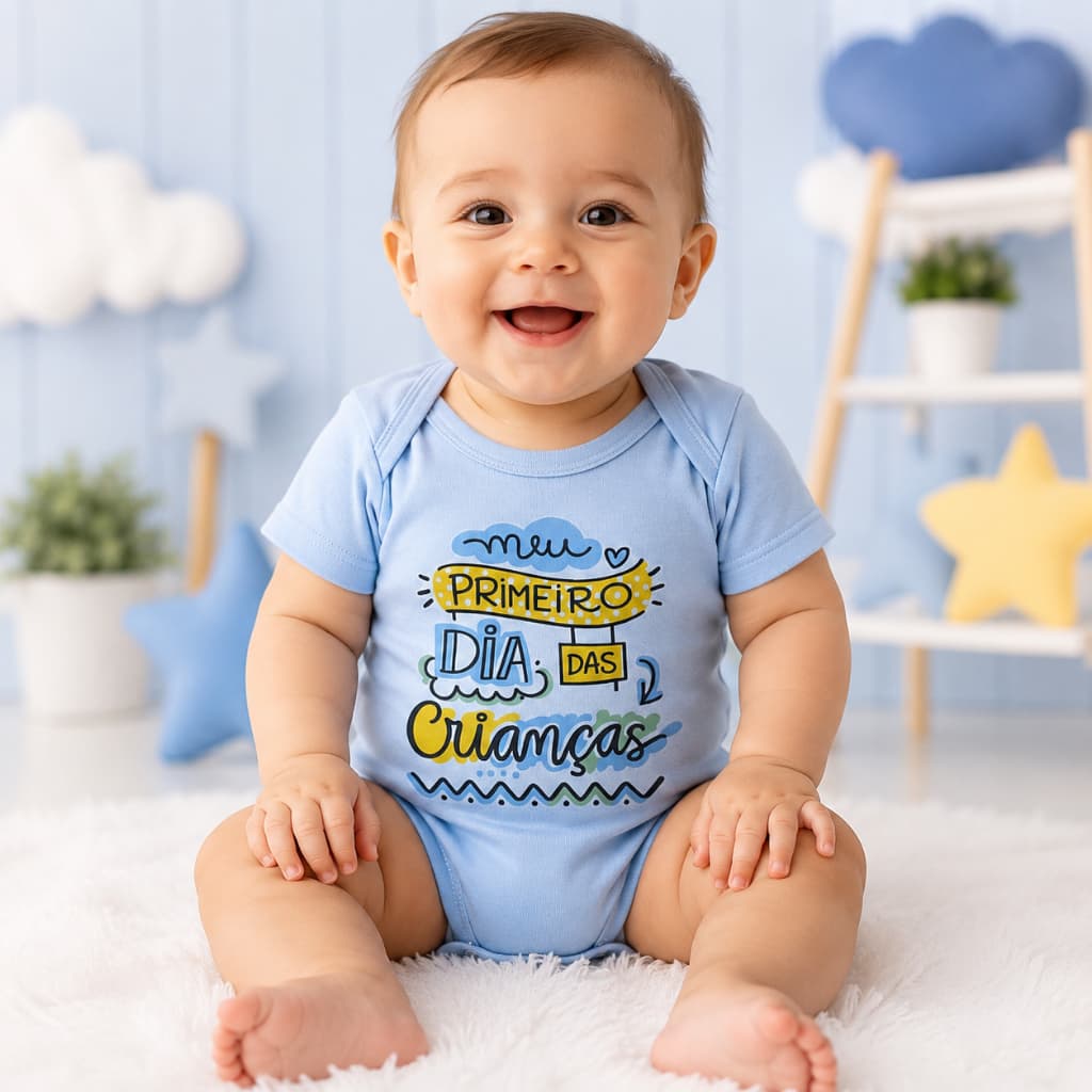 Body Bebê Meu Primeiro Dia das Crianças Manga Curta Azul Menino Colorido Festa