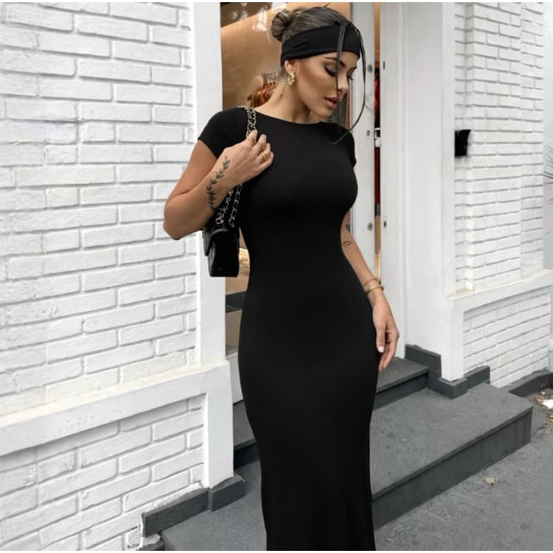 Vestido Longo Feminino Costas Nuas Tubinho Suplex MIdi Manga Elegante Casual Liso