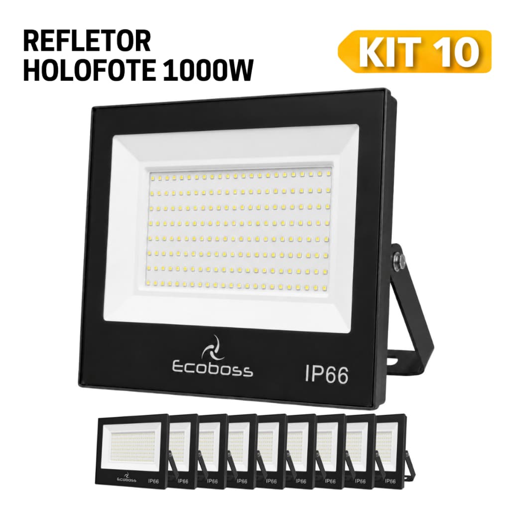 Kit 10 Refletores LED 1000W SMD IP66 Bivolt Branco Frio Alta Potência Externo