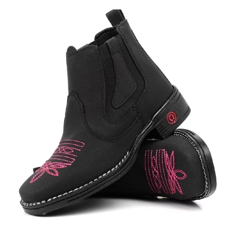 Bota Botina Feminina Country Texana Couro Nobuck Bordada Rosa cano Curto Sem Zíper Confortável