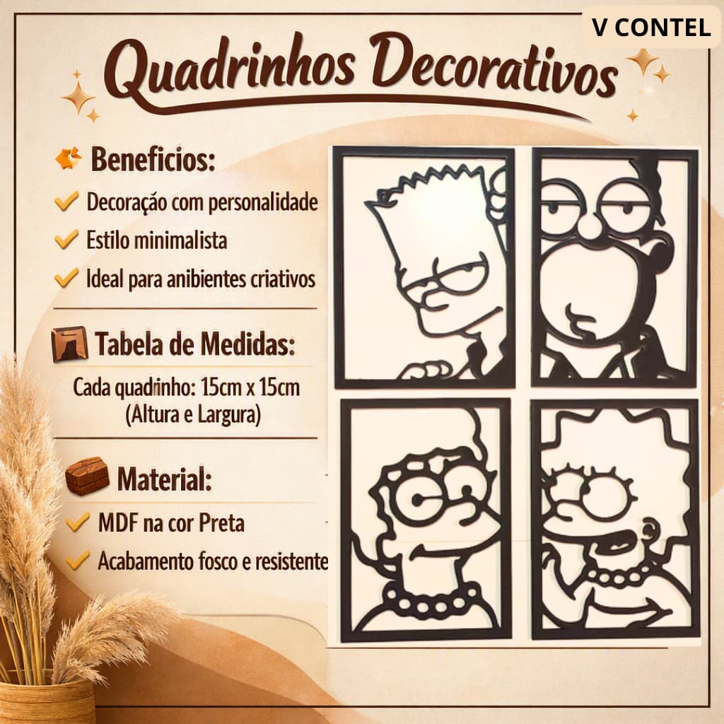 Placas Decorativas Quadros Personagens Séries Animadas em MDF  4 Peças - Desenhos Séries Dia dos Pais