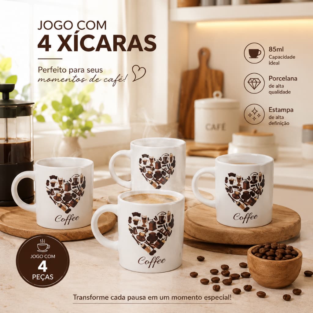 Jogo 4 Xicaras Porcelana Branca Decorada Caneca Café Chá Cafezinho