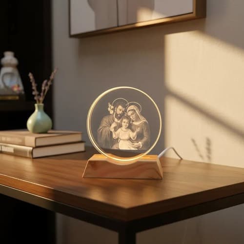 Luminária Sagrada Família USB 8 cm em Vidro Abajur Luz LED Decorativa Decoração Católica