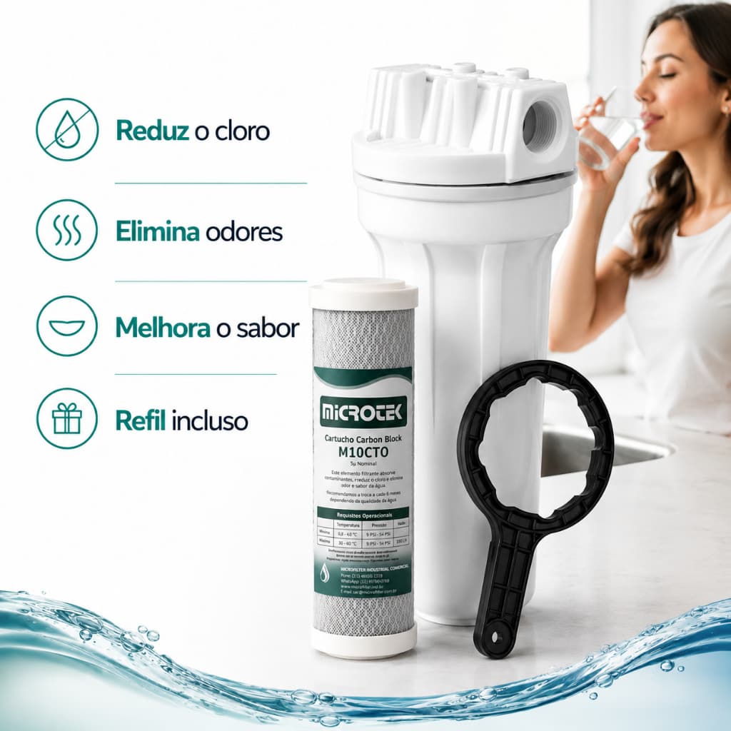Filtro de Água Branco Com Refil Carbon Block Tira Cloro Gosto e Odor da Água Conexão 3/4