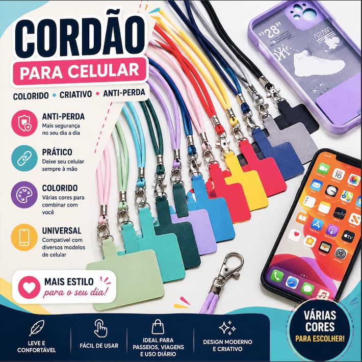 Cordão para Celular Colorido Alça Anti-Perda Cordinha Universal Ajustável Acessório para Celular