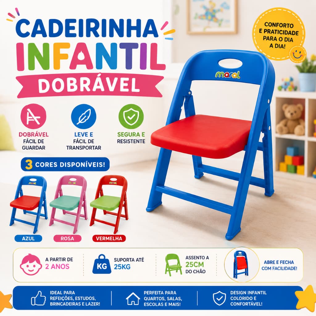 Cadeirinha Infantil Dobrável Portátil para Crianças Refeição Estudos Brincadeiras Azul Rosa Vermelha