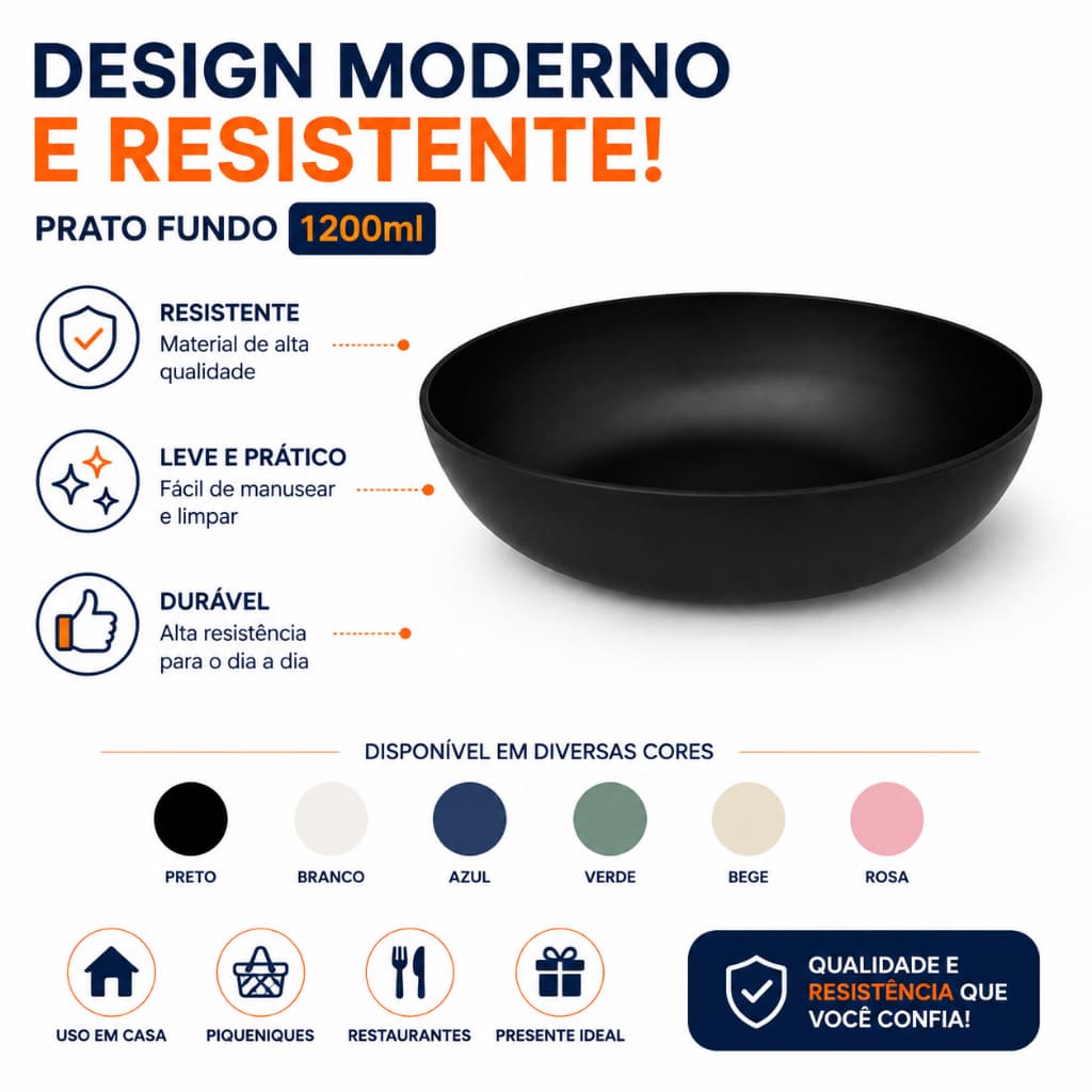 Prato Fundo Plástico 1200ml | Kit 1, 3 ou 6 Un Colorido Sem BPA | Cozinha e Dia a Dia | Helsim