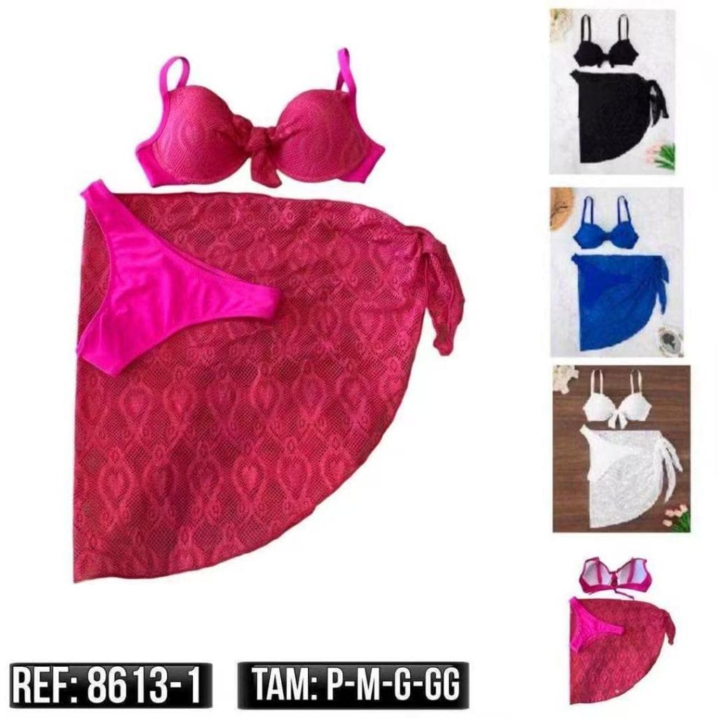 Kit 3 Conjunto de biquíni feminino, com saia canelada em malha-8613