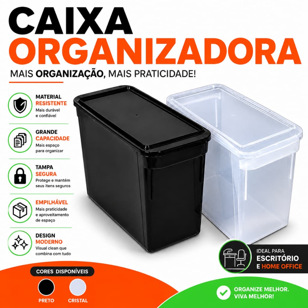 Caixa Organizadora Com Tampa Multiuso Pasta Suspensa Arquivo Objetos Escritório Preta Branca