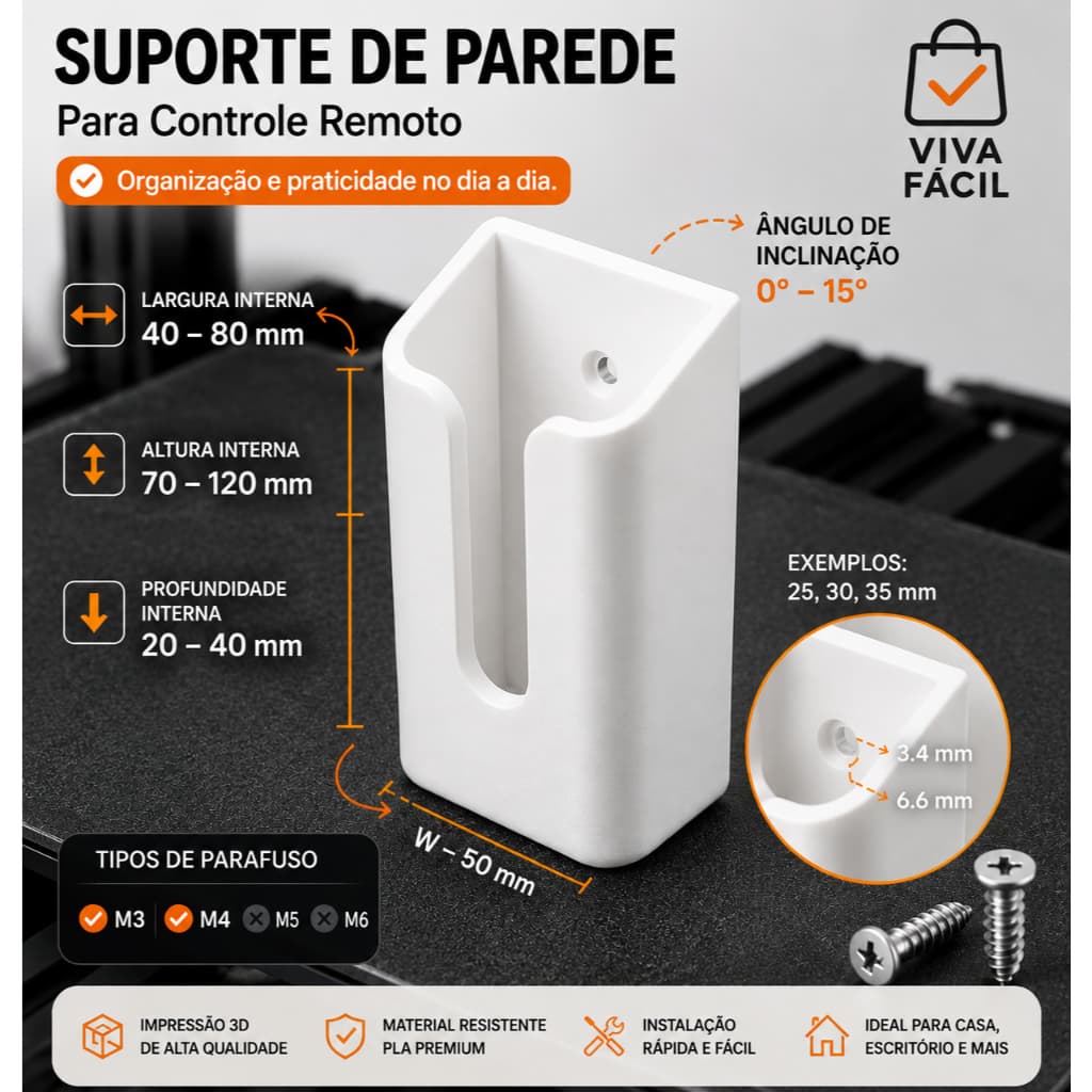 Suporte de Parede para Controle Remoto TV e Ar Condicionado | Organizador | Impressão 3D | Preto e Branco