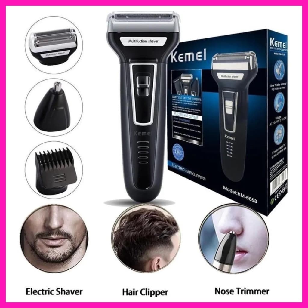 Máquina Barbear Kemei 3 em 1 KM-6558 Versão Atualizada 6559 Aparador Nariz Barba Pelos Corporais Recarregável Bivolt