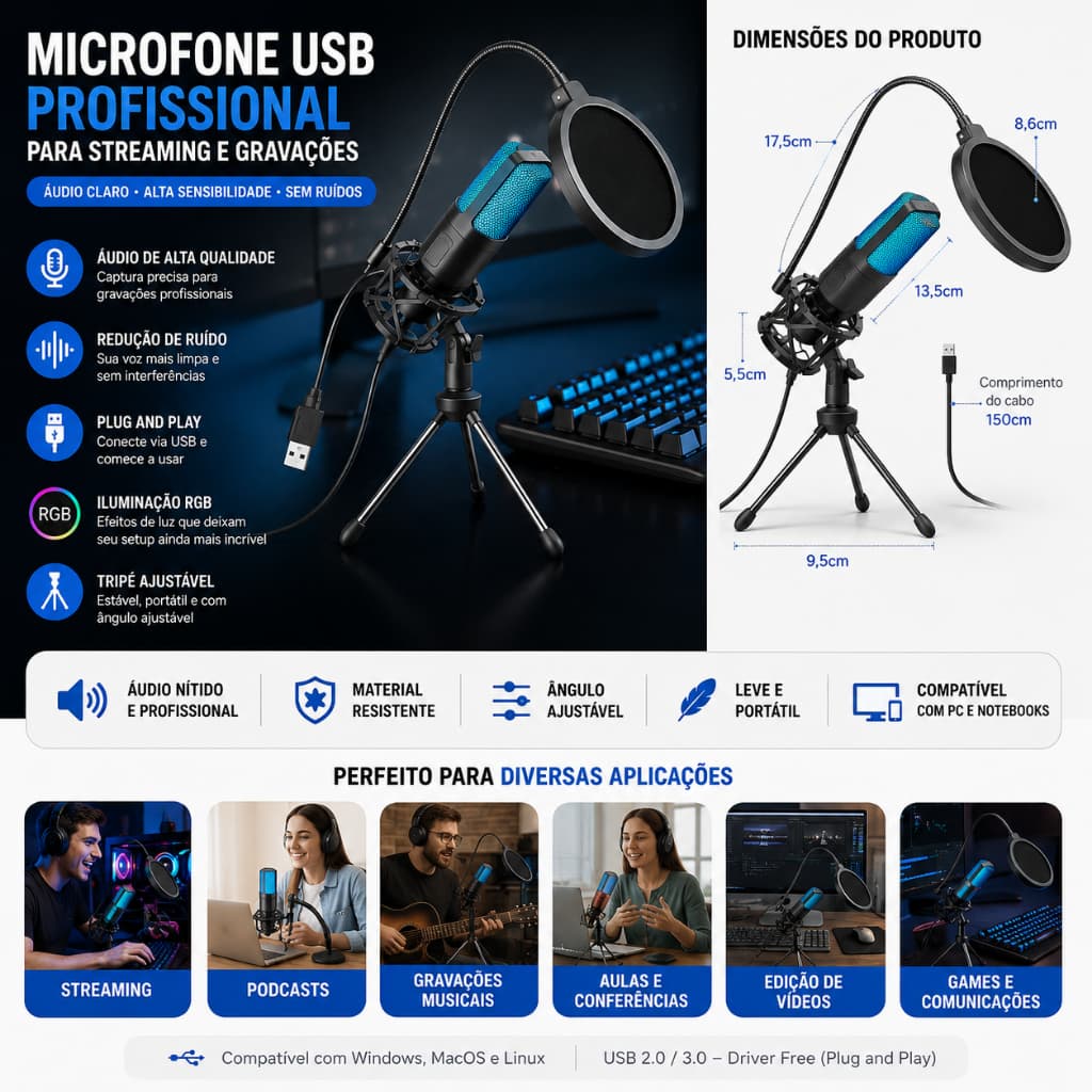 Microfone Usb Rgb Condensador Para Pc, Notebook, Streaming