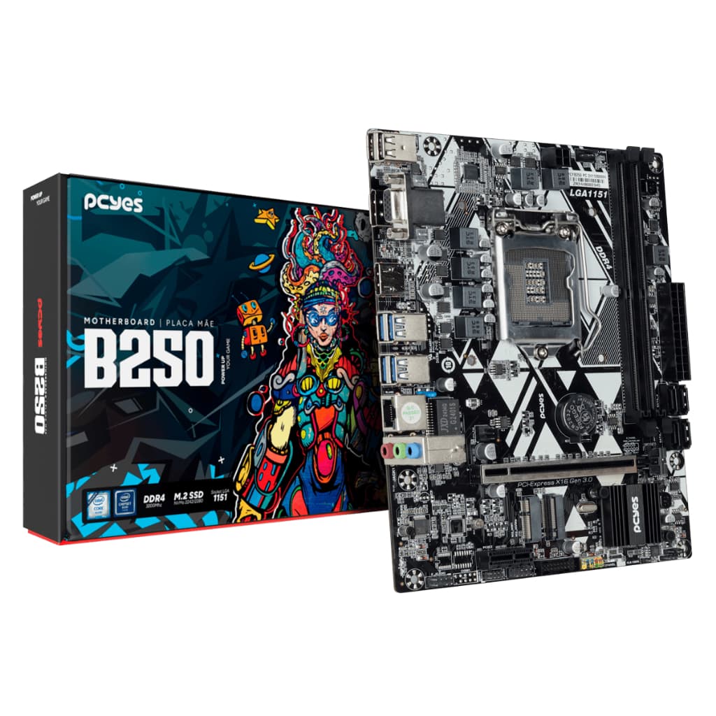 Placa-Mãe PCYes B250 LGA 1151 Intel 6/7/8/9ª Ger DDR4 mATX Slot M.2 NVMe HDMI DP
