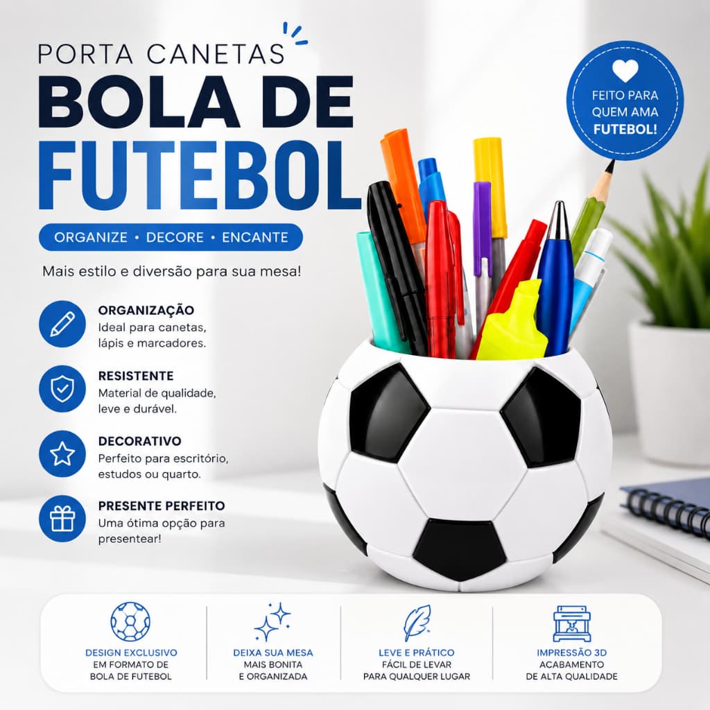 Porta Canetas Lápis formato de bola de futebol decoração escritório home office jogos