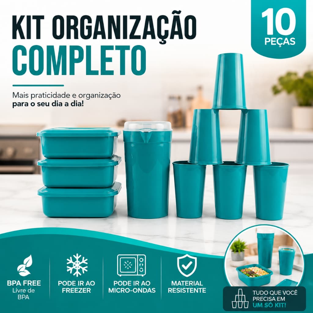 Kit Potes Plásticos com Tampa Jarra e Copos Organizador de Cozinha Geladeira