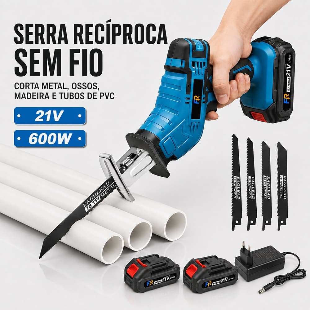 Serra Sabre a Bateria Sem Fio Profissional 21v 2 Baterias 4 Lâminas Cortar Osso/Madeira/Metal/Tubo de PVC