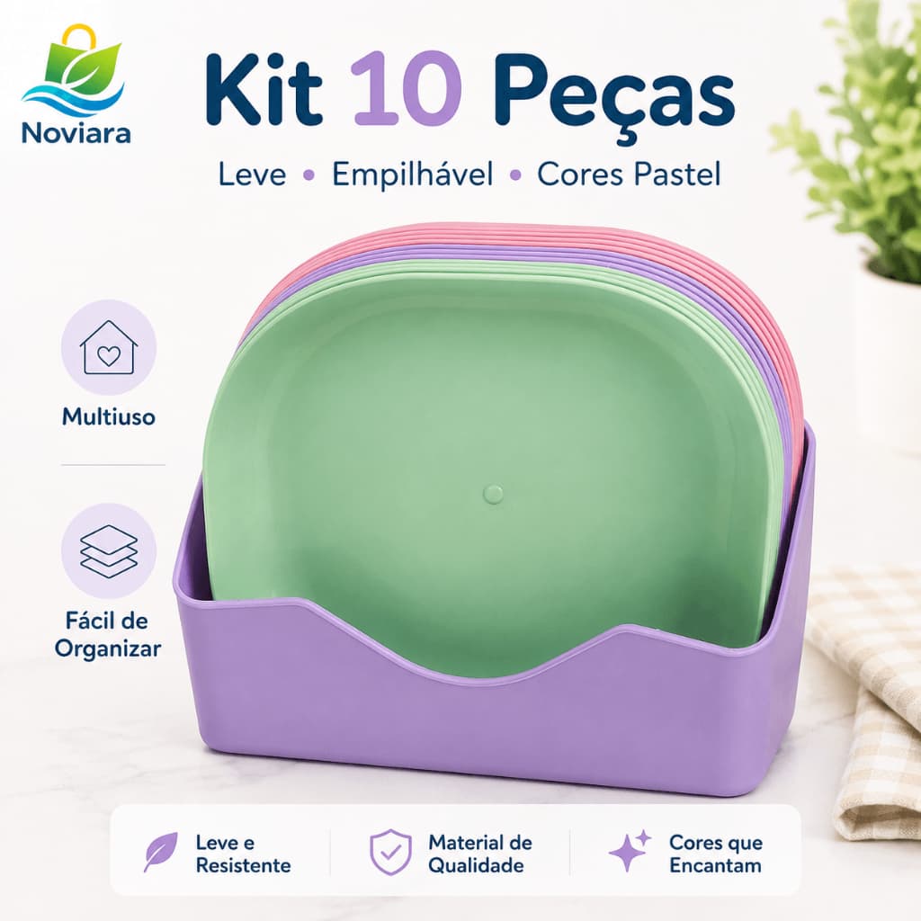 Kit 10 Pratos Plásticos Quadrados Coloridos com Suporte Organizador Reutilizáveis para Lanches e Sobremesas
