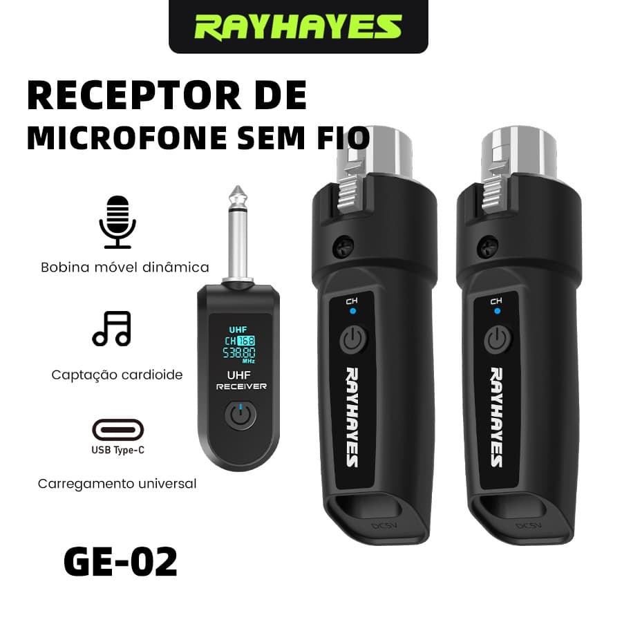 Microfones Sem Fio Transmissor e Receptor UHF, Alcance 50m Para Microfone Dinâmico