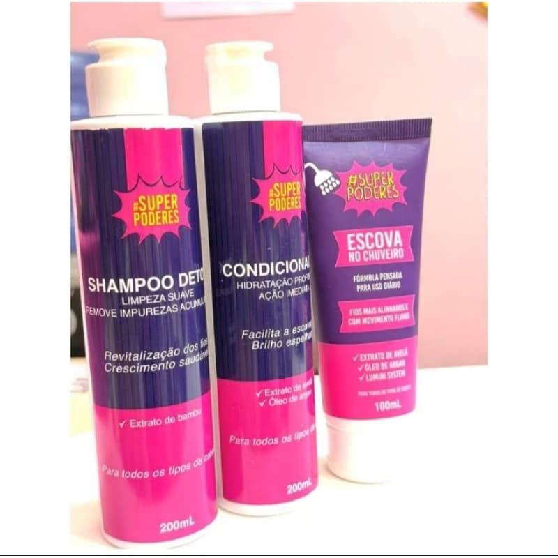 Progressiva de Chuveiro Kit Super Poderes 3 Passos | Shampoo + Condicionador + Escova no Chuveiro | Alinhamento Capilar
