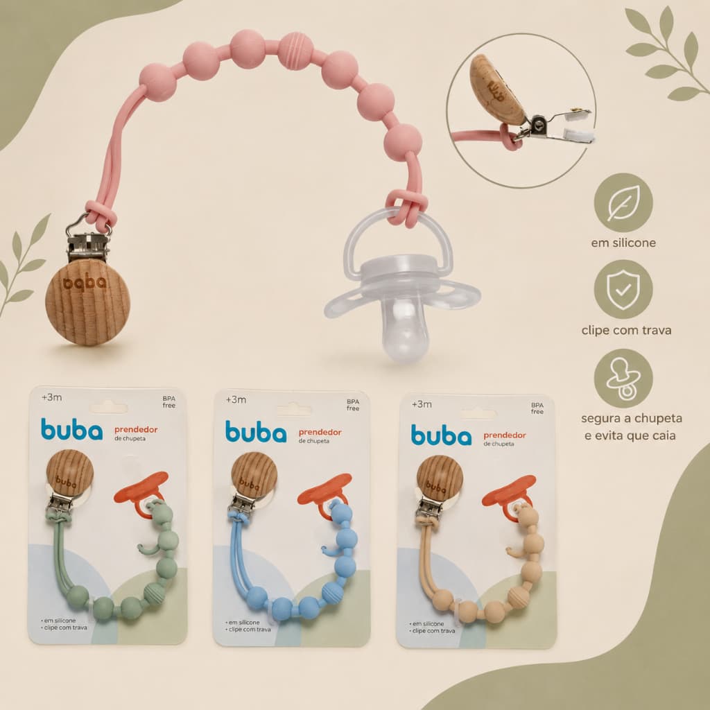 Prendedor de chupeta em silicone buba,clip bebê seguro, prendedor de chupeta que não cai