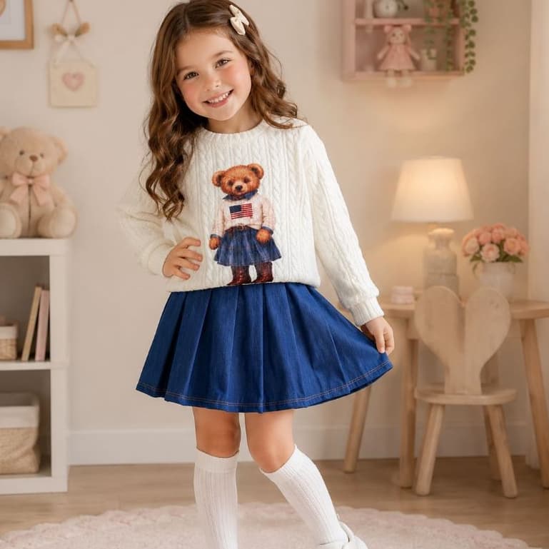 Conjunto Infantil Menina Inverno Outono Blusa de Frio Ursinho  + Saia Shorts