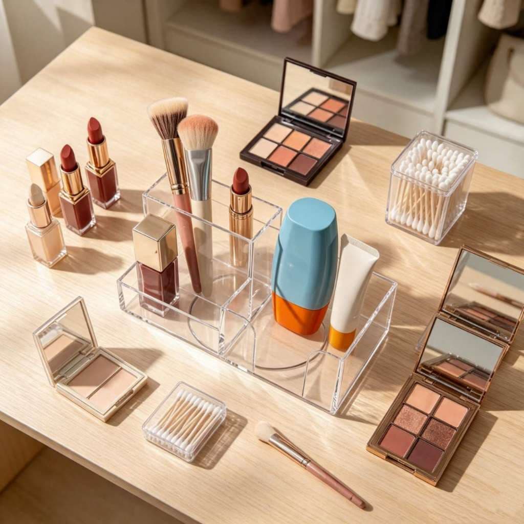Organizador de Maquiagem Skincare em Acrílico Transparente Porta Cosméticos Perfumes e Pincéis para Bancada Canetas