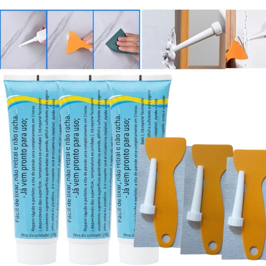 Kit 3 Massa Creme Tapa Furos Repara Buracos De Parede Drywall Pisos 250g Cada