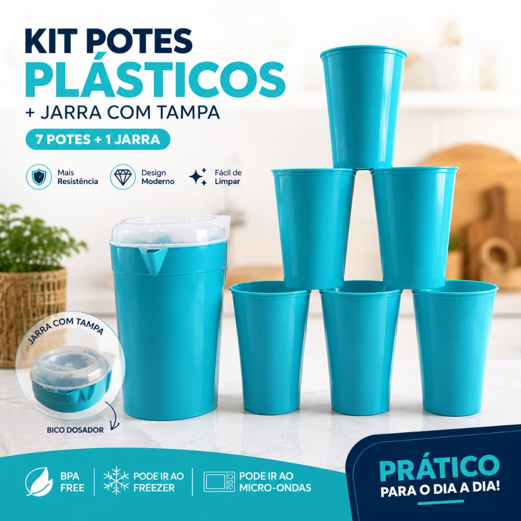 Kit Jarra de Suco com Tampa + 5 Copos Plásticos para Água, Suco e Refrigerante
