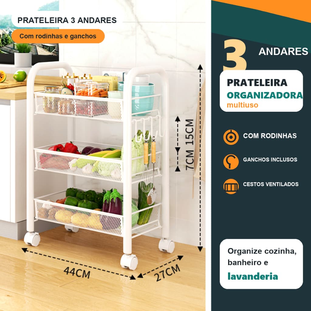 Carrinho Organizador Multiuso 3 Andares Cozinha ou Banheiro Rodinhas