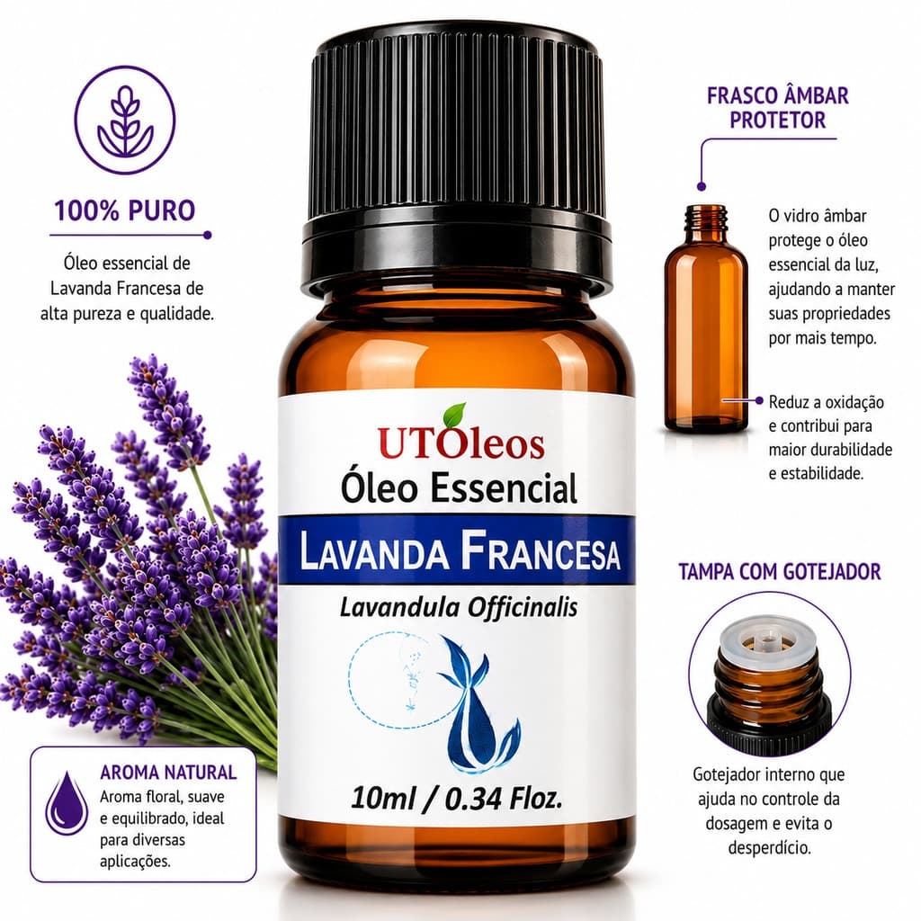 Lavandula Officinalis Óleo Essencial Lavanda Francesa 10ml Puro Frasco Vidro Âmbar