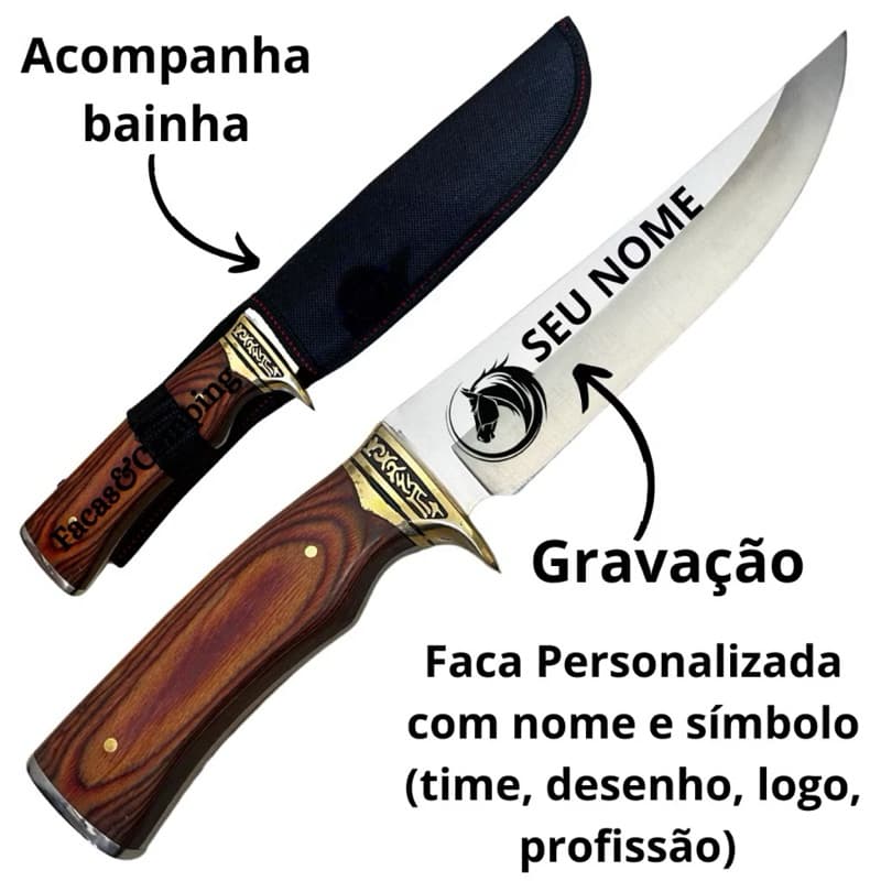 Faca Super Premium Personalizada - Seu Nome Gravado + Bainha de Couro