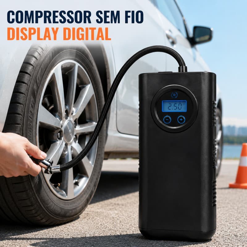 Mini Compressor de Ar Portátil Sem Fio Recarregável com Display Digital para Pneu de Carro Moto Bike e Bola