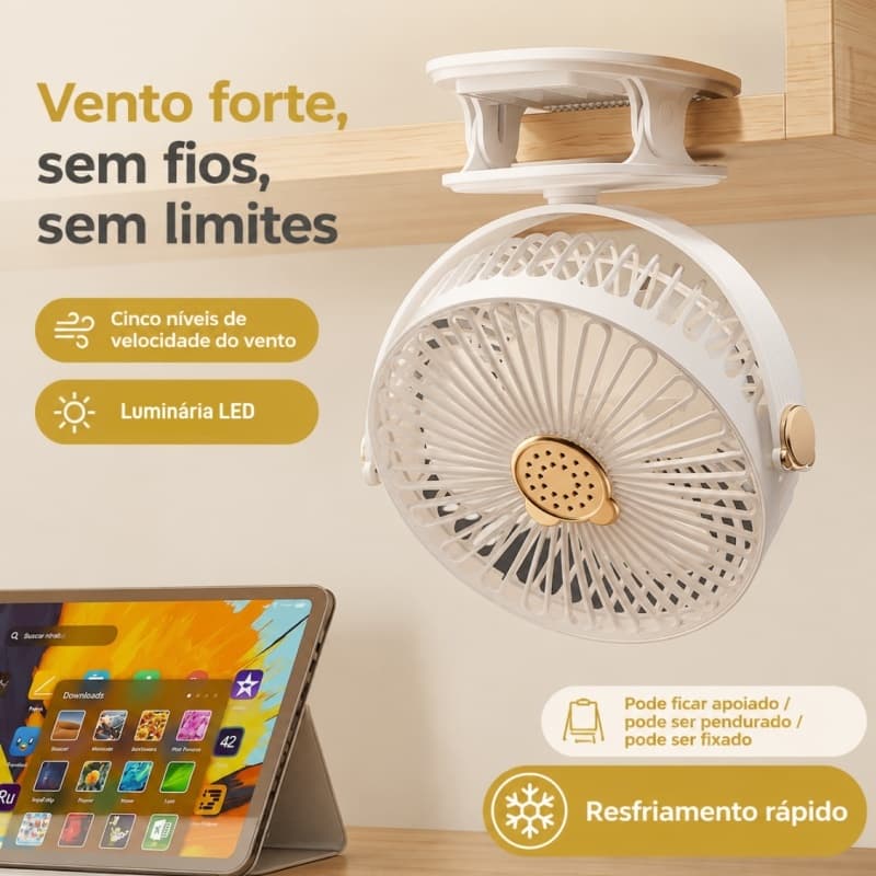 Mini Ventilador Recarregável com Clip 360° Rotação Silencioso Prendedor 5 Velocidades Luminária LED para Mesa