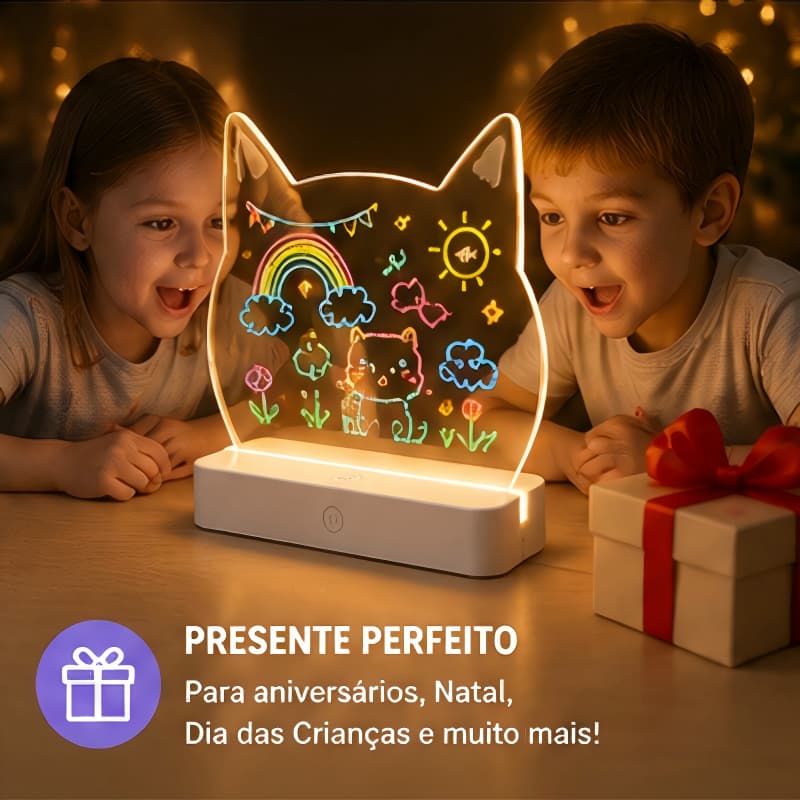 Lousa Mágica de LED Acrílica Transparente Gatinho Painel de Anotações Infantil com 7 Canetas e Cabo USB Presente Criativ