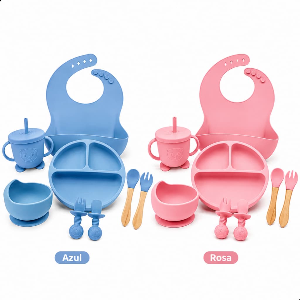 Kit Alimentação para Bebê criança Prato Babador Copo Silicone Premium Infantil 8 Peças