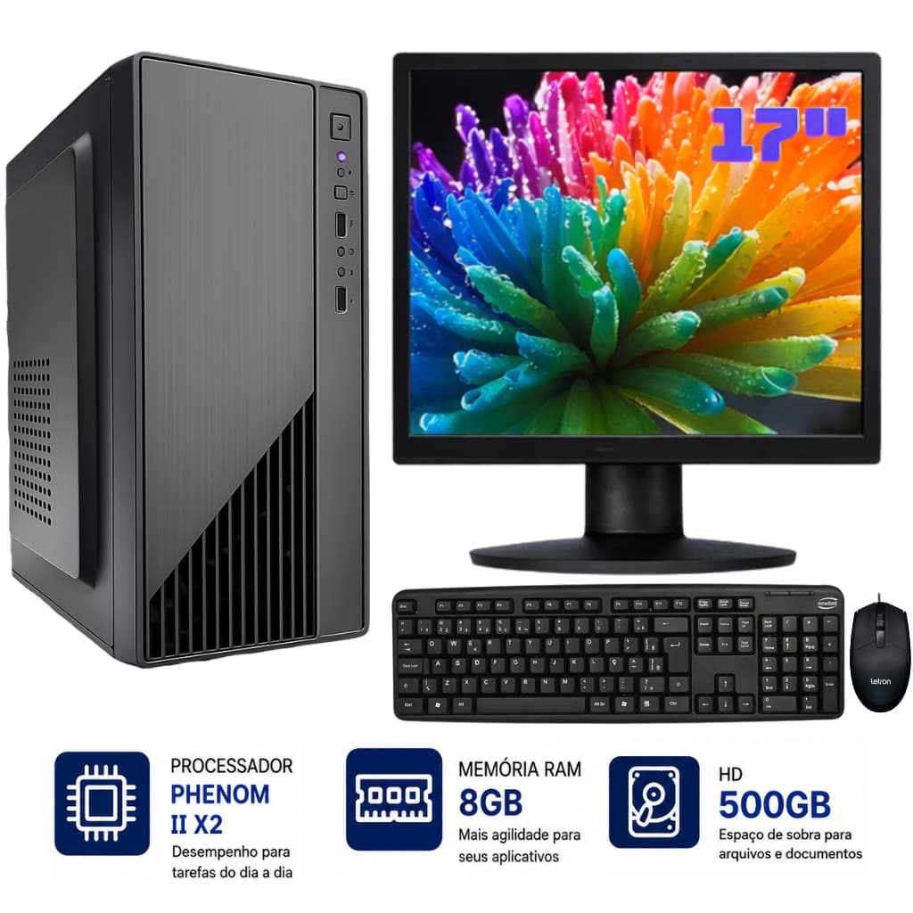 Computador Completo HD 500gb AMD Phenom II X2 8GB Ram Tela 17" Teclado Mouse Wifi Trabalho Estudo
