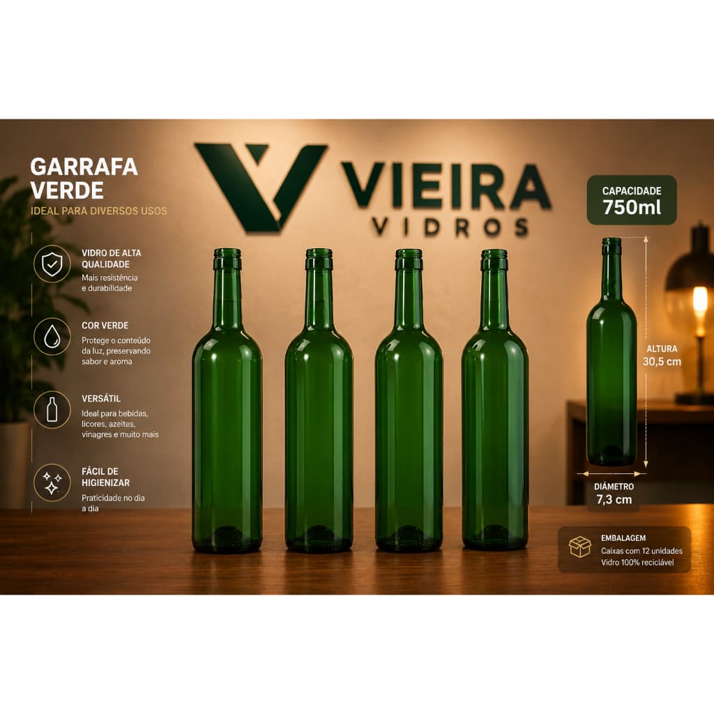 KIT 12UN Garrafa de vidro VERDE 750ml TAMPAS DE ALUMÍNIO + LACRE CRISTAL / VINHOS, LICORES E KOMBUCHAS.