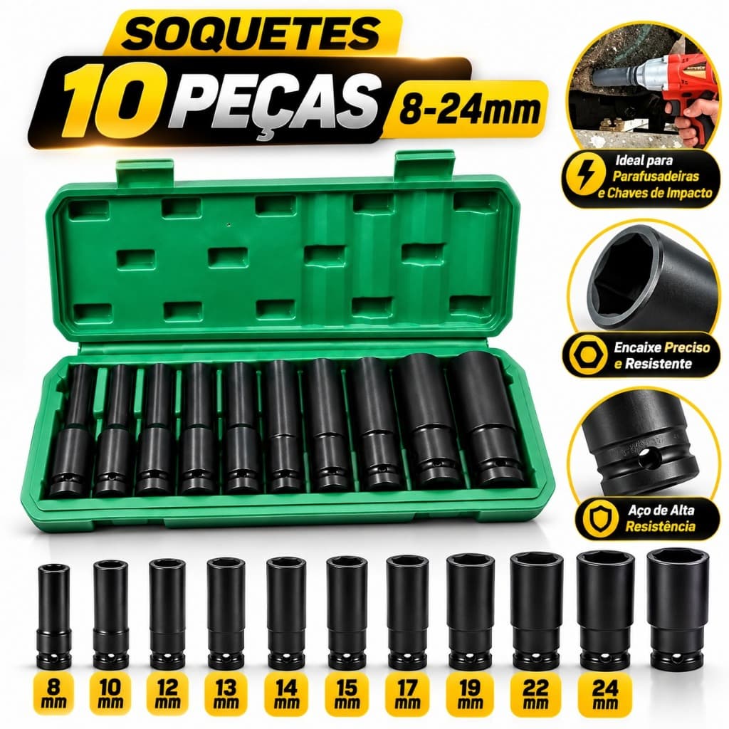 Jogo Soquetes Longos 10 Peças 8-24mm Impacto Aço Cr-V para Catraca 1/2