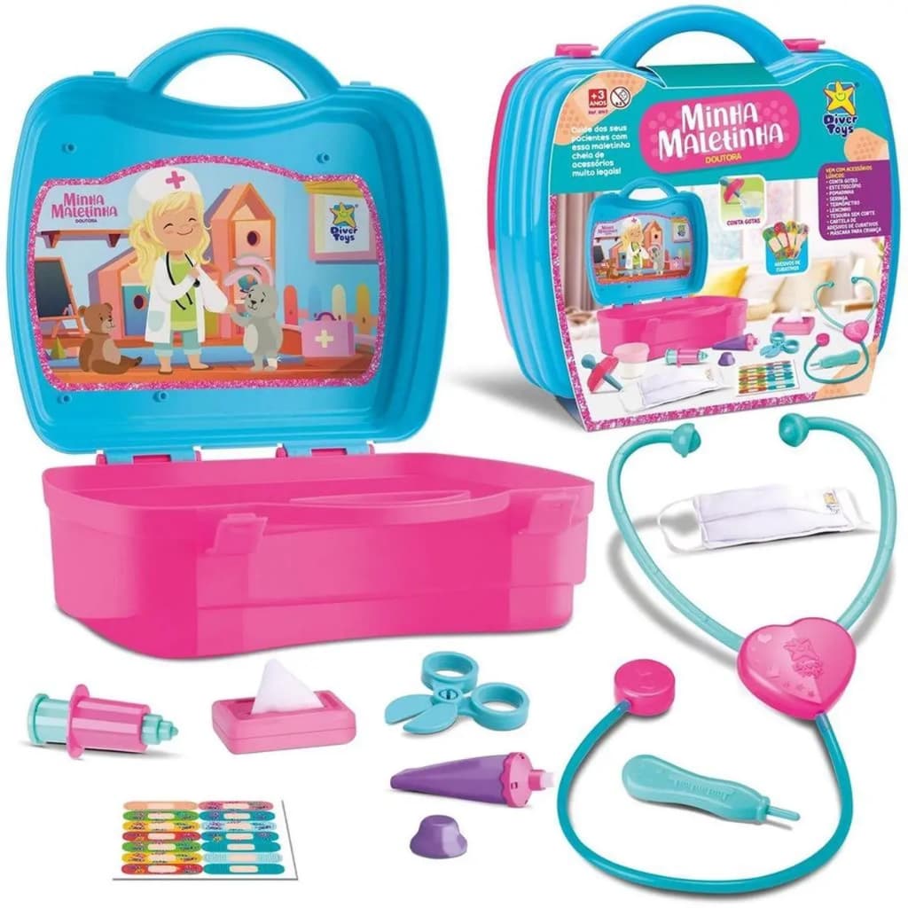 Kit Maletinha Doutora com Acessórios Infantil Médica Veterinária Completo 10 peças