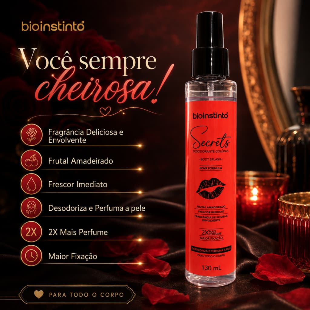 Body Splash Secrets 130ml Desodorante Colônia Perfume Frutal Amadeirado Bio Instinto