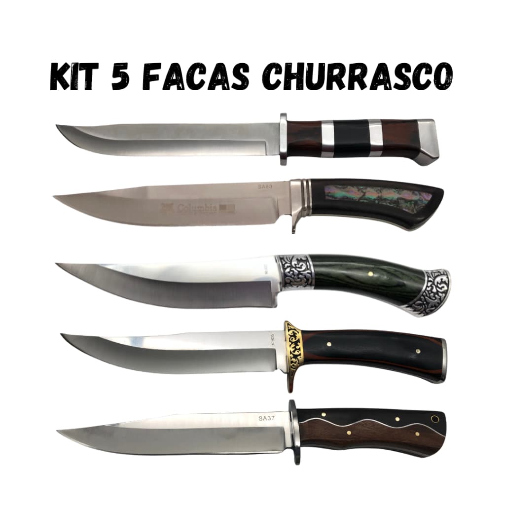 KIT 5 Facas Churrasco Caça e Pesca Cabo Artesanal em Madeira, Aço Inox FullTang - K1516