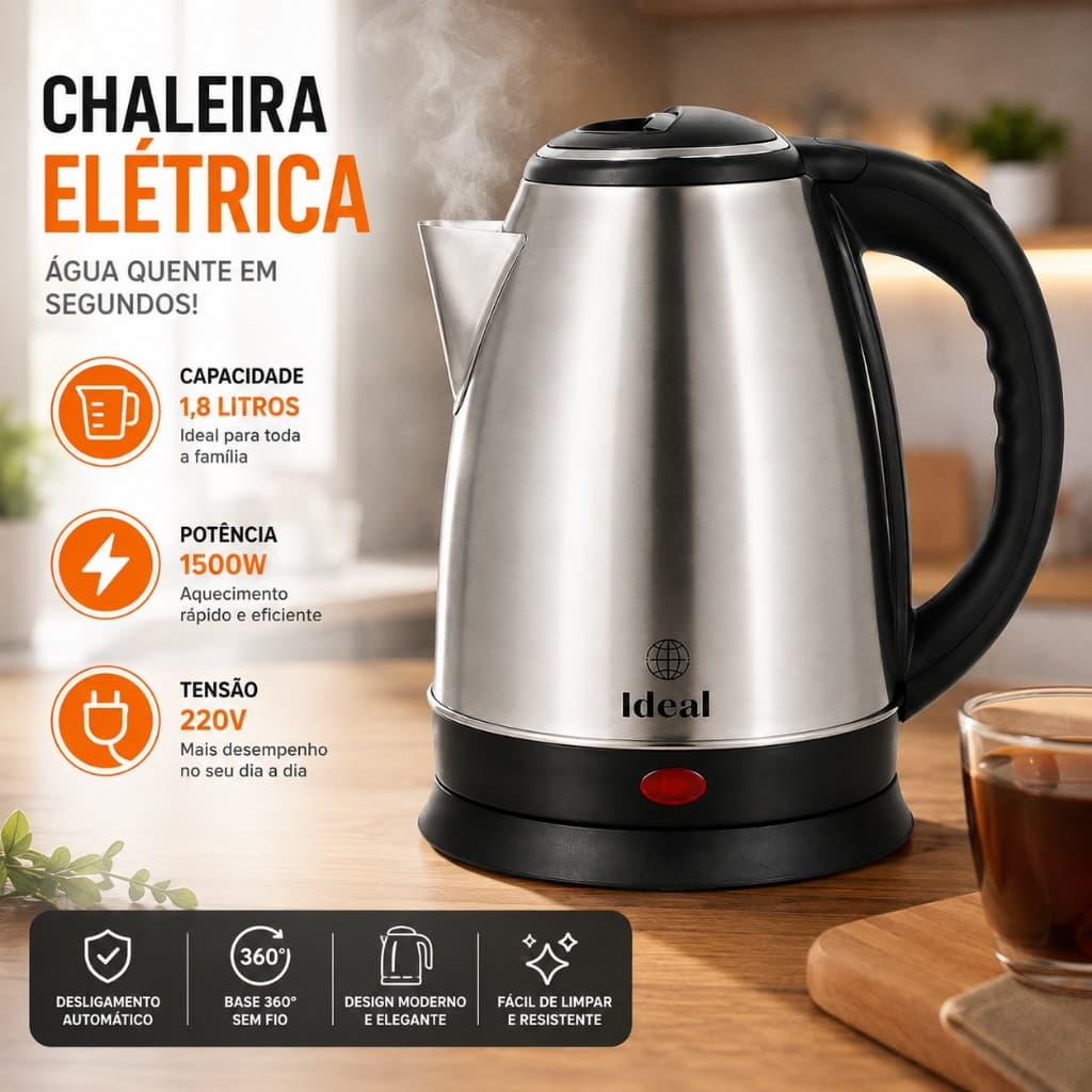 Chaleira Elétrica Inox 1,8L 1500W 220V Bivolt Base 360° Desligamento Automático para Café e Chá Chimarrão