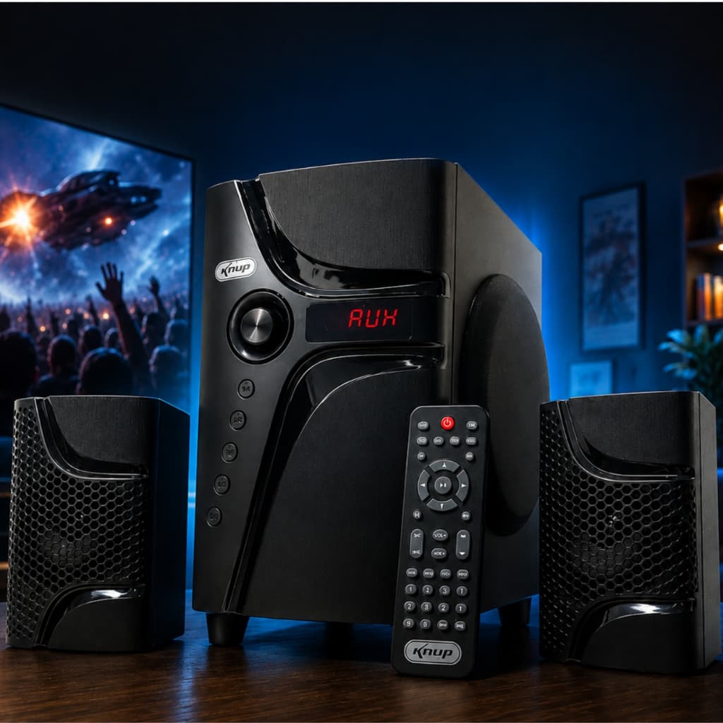Caixa de Som Home Theater 2.1 Subwoofer Knup Bluetooth 45W para TV PC Notebook Celular USB Cartão SD FM