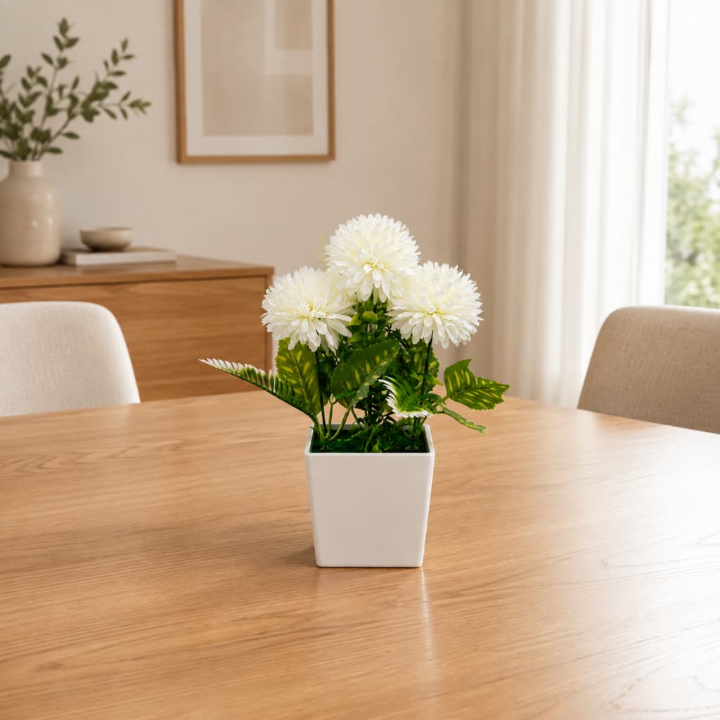 Flor Artificial Vaso Decorativo Arranjo Branco Crisântemo