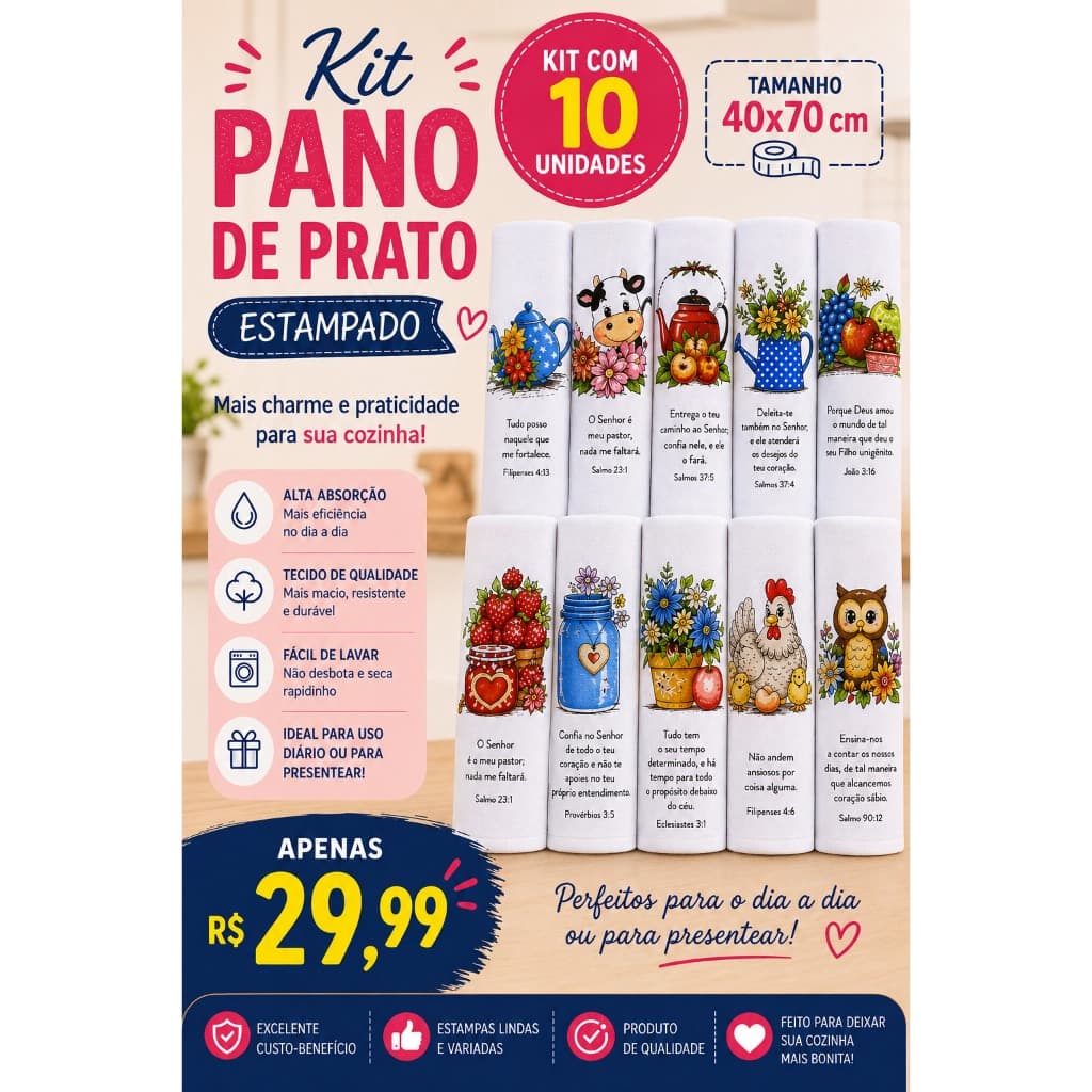10 Panos de Prato Estampados  - Anti-Manchas, Estampas Sortidas, 100% Algodão