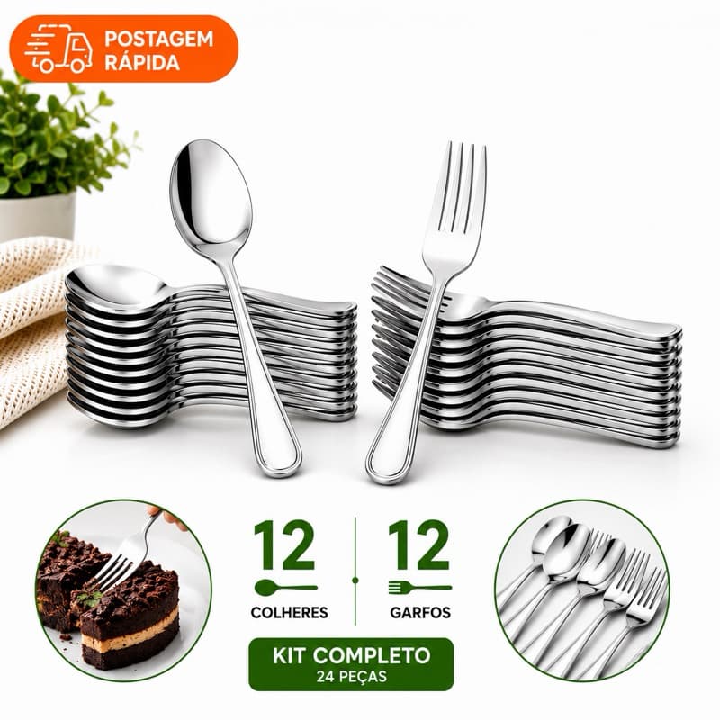 Kit Talheres Sobremesa Aço Inox 24 Peças| 12 Garfos + 12 Colheres| 16,5cm Premium