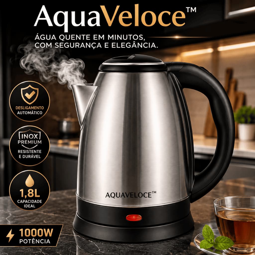 Chaleira Elétrica Inox 1,8L 127V 220V 1000W Base Giratória 360° Desligamento Automático AquaVeloce™