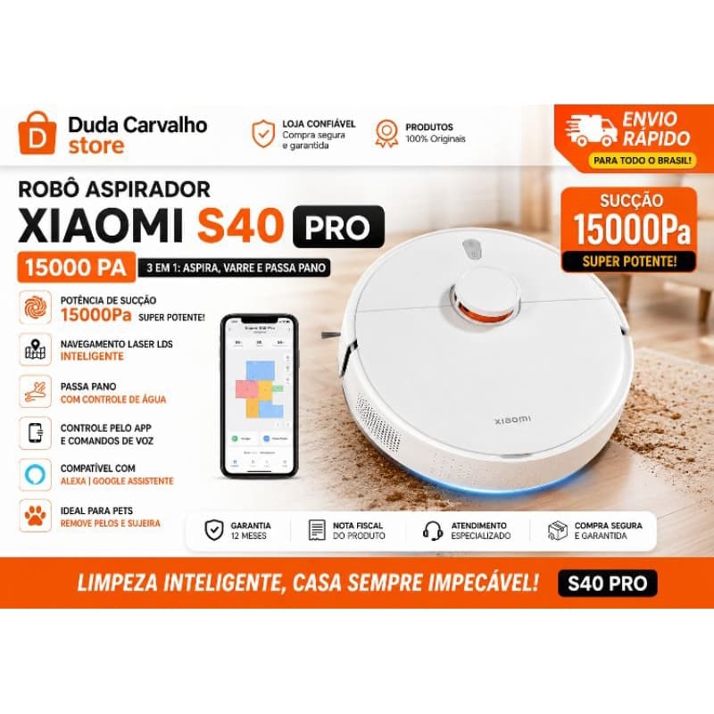 Robô Aspirador S40 Pro 15000Pa Passa Pano Mapeamento Laser WiFi Alexa